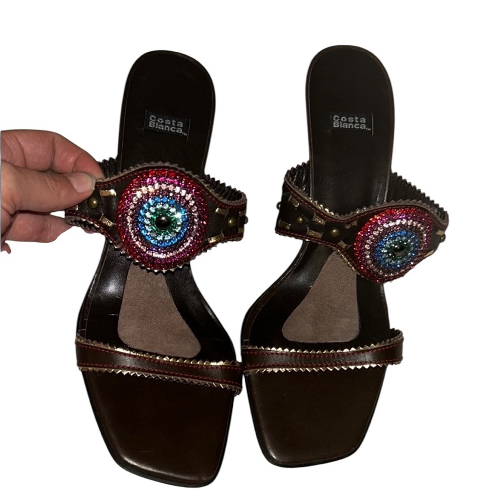 Costa Blanca Leather & Rhinestone Evil Eye Heeled Sandal NWOT